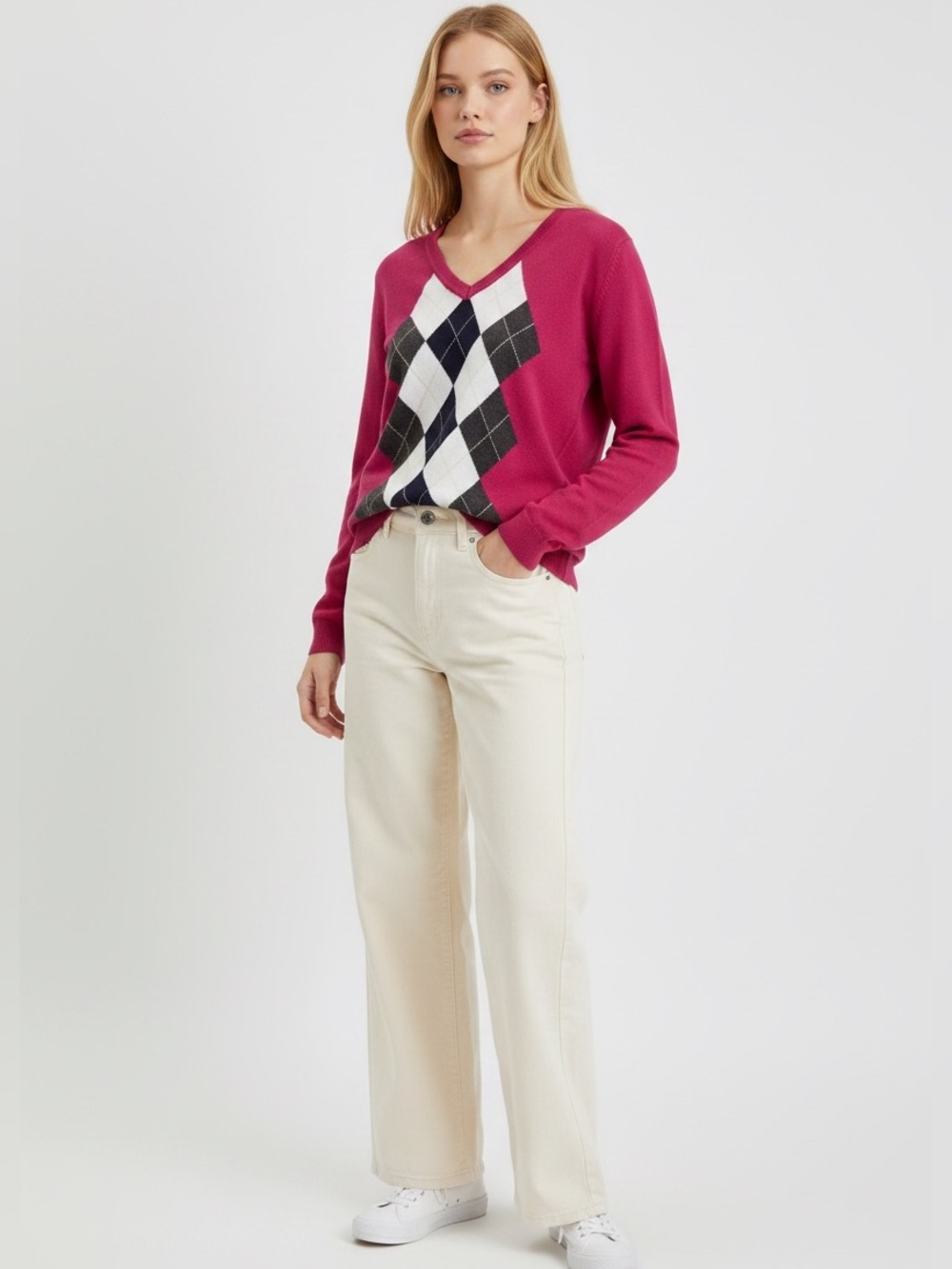 Tommy Hilfiger Argyle Plaid Sweater  Women’s Medium Pink Pima Cotton Preppy